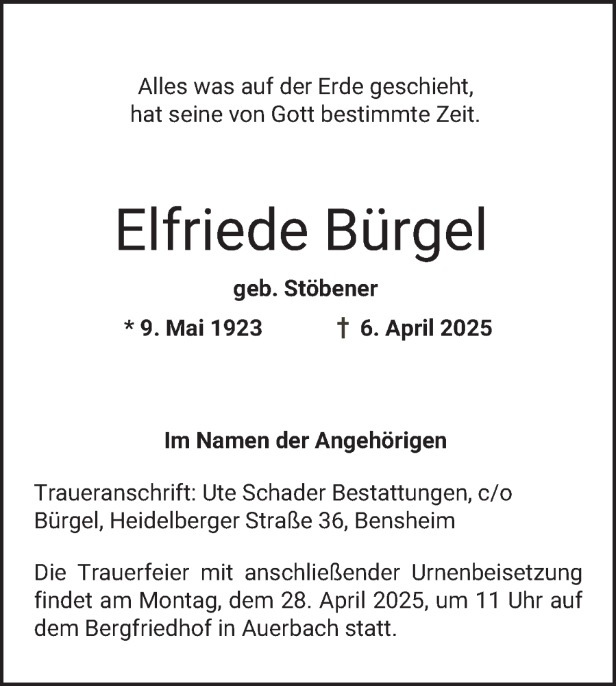  Traueranzeige für Elfriede Bürgel vom 23.04.2025 aus Bergsträßer Anzeiger
