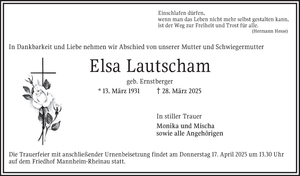  Traueranzeige für Elsa Lautscham vom 12.04.2025 aus Mannheimer Morgen