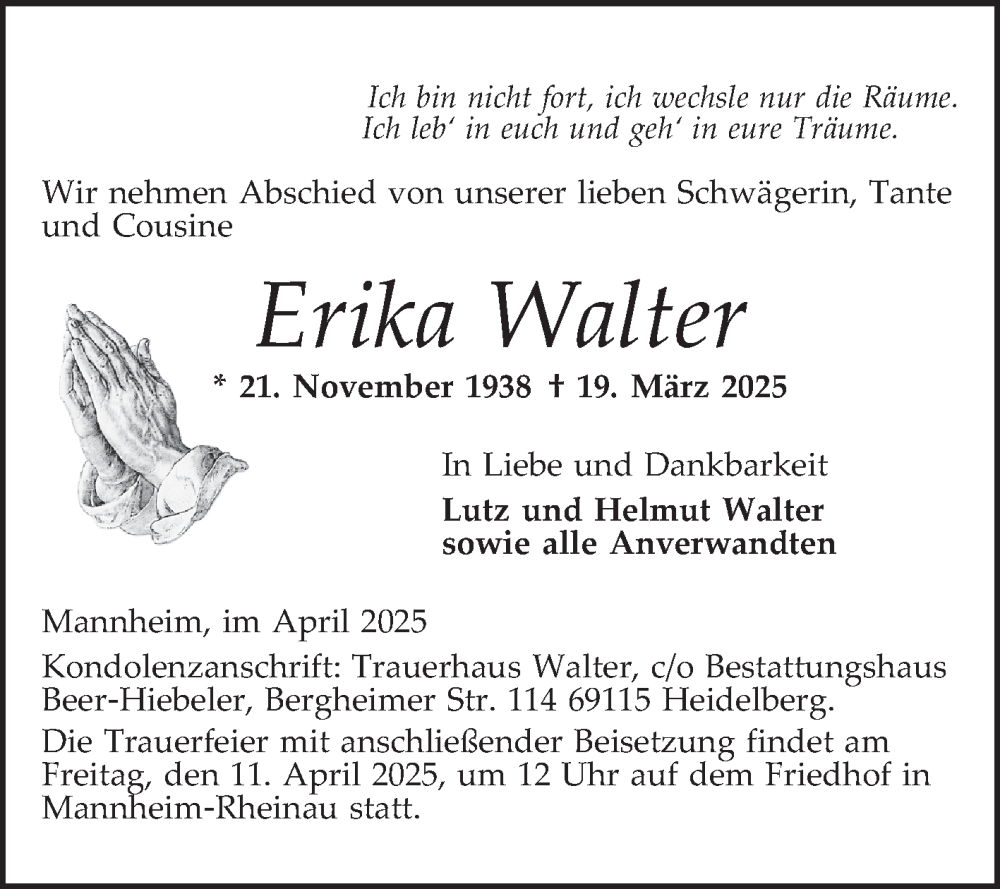  Traueranzeige für Erika Walter vom 05.04.2025 aus Mannheimer Morgen