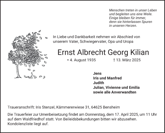 Traueranzeige von Ernst Albrecht Georg Kilian von Bergsträßer Anzeiger