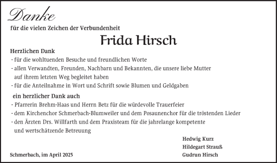 Traueranzeige von Frida Hirsch von Fränkische Nachrichten