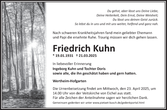 Traueranzeige von Friedrich Kuhn von Fränkische Nachrichten