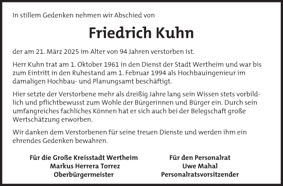 Traueranzeige von Friedrich Kuhn von Fränkische Nachrichten
