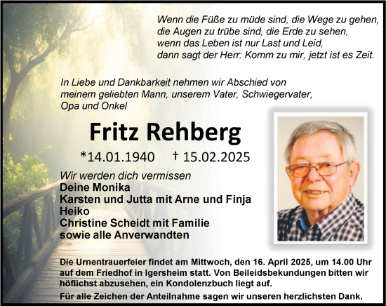Traueranzeige von Fritz Rehberg von Fränkische Nachrichten