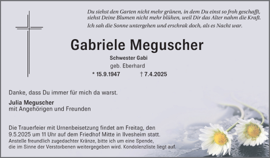 Traueranzeige von Gabriele Meguscher von Mannheimer Morgen