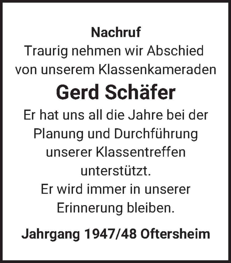  Traueranzeige für Gerd Schäfer vom 30.04.2025 aus Schwetzinger Zeitung