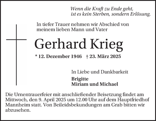 Traueranzeige von Gerhard Krieg von Mannheimer Morgen