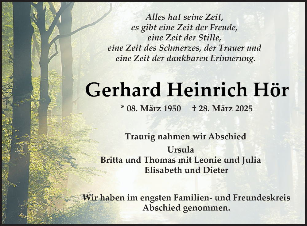  Traueranzeige für Gerhard Heinrich Hör vom 12.04.2025 aus Mannheimer Morgen
