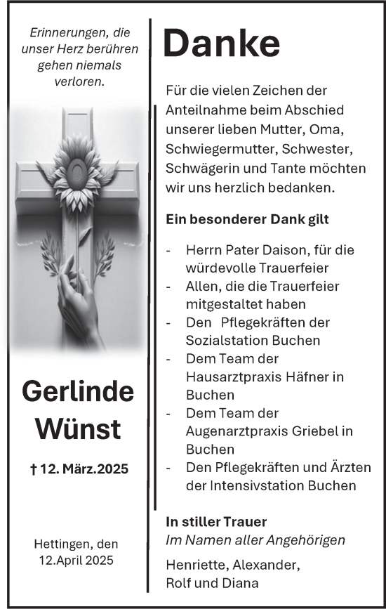 Traueranzeige von Gerlinde Wünst von Fränkische Nachrichten