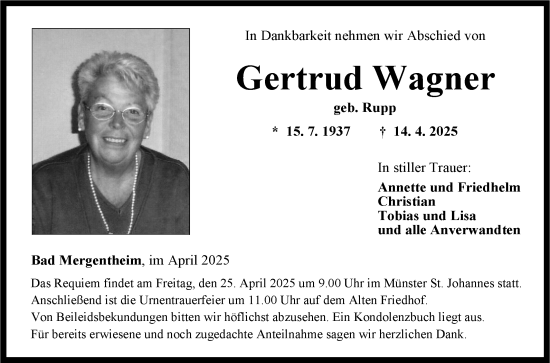 Traueranzeige von Gertrud Wagner von Fränkische Nachrichten