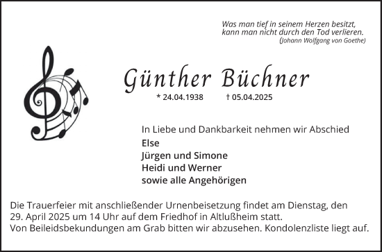 Traueranzeige von Günther Büchner von Schwetzinger Zeitung
