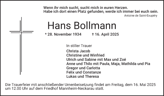 Traueranzeige von Hans Bollmann von Mannheimer Morgen