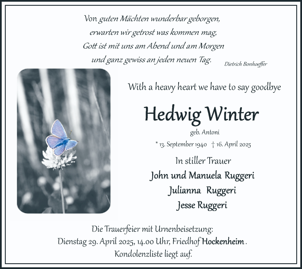  Traueranzeige für Hedwig Winter vom 26.04.2025 aus Schwetzinger Zeitung
