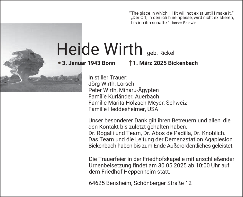 Traueranzeige für Heide Wirth vom 12.04.2025 aus Bergsträßer Anzeiger