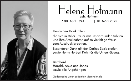 Traueranzeige von Helene Hofmann von Mannheimer Morgen
