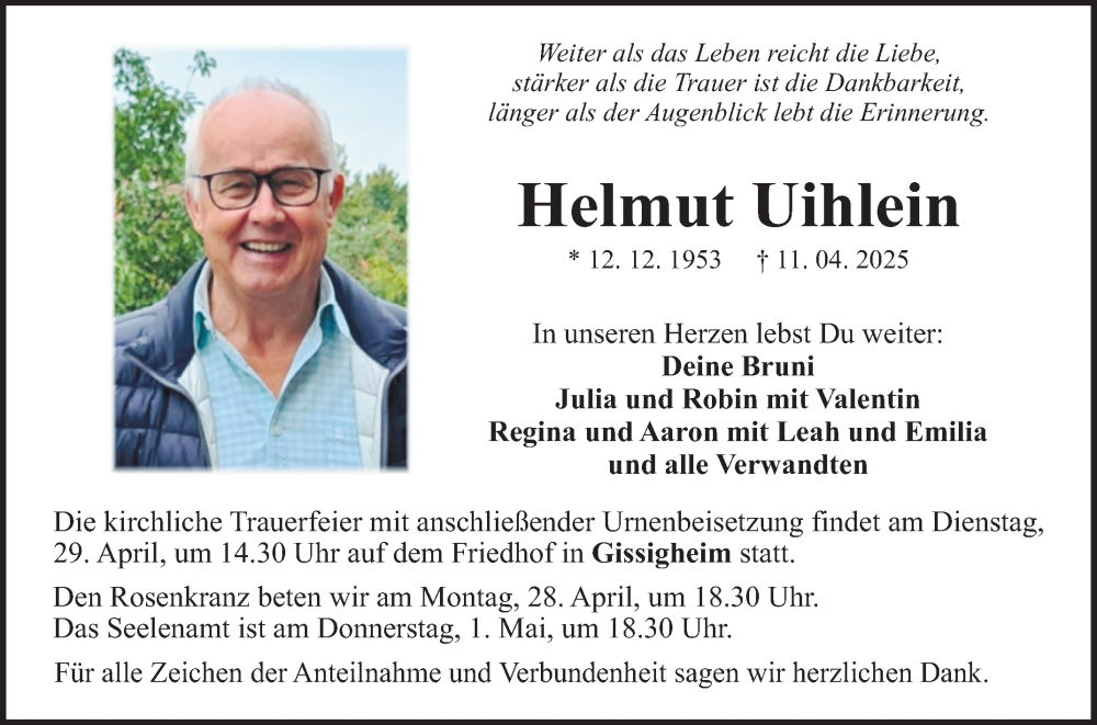 Traueranzeige für Helmut Uihlein vom 23.04.2025 aus Fränkische Nachrichten