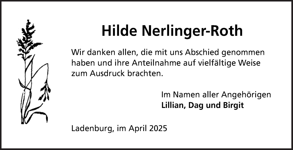  Traueranzeige für Hilde Nerlinger-Roth vom 05.04.2025 aus Mannheimer Morgen