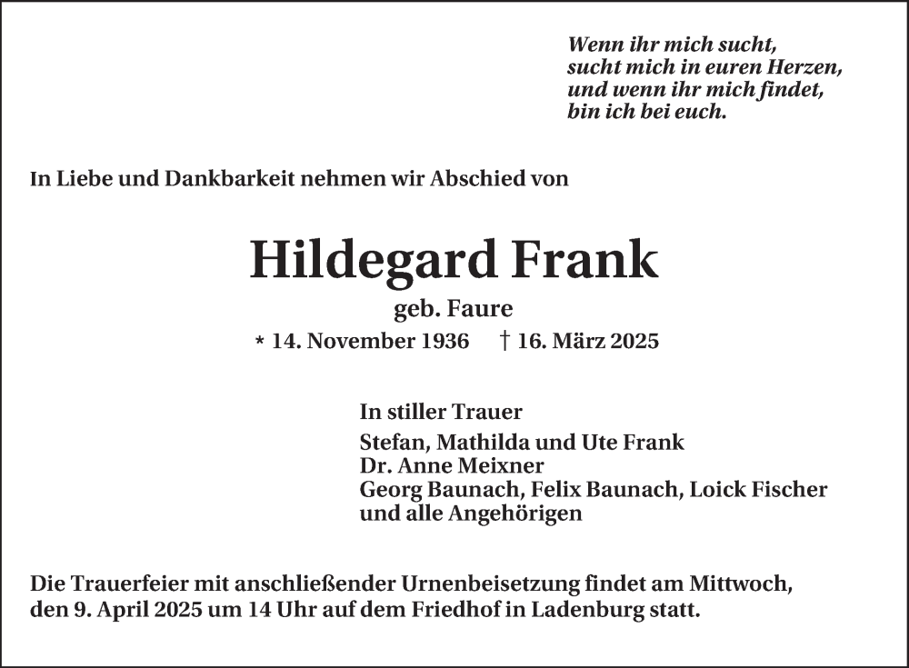  Traueranzeige für Hildegard Frank vom 05.04.2025 aus Mannheimer Morgen