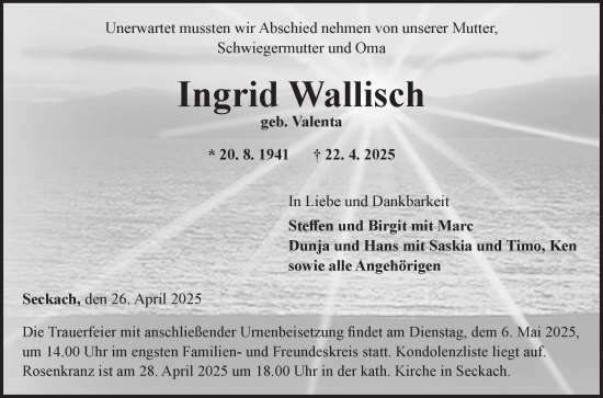 Traueranzeige von Ingrid Wallisch von Fränkische Nachrichten