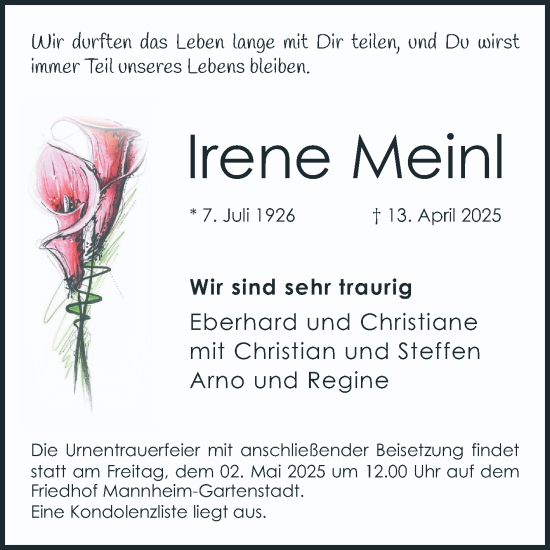 Traueranzeige von Irene Meinl von Mannheimer Morgen