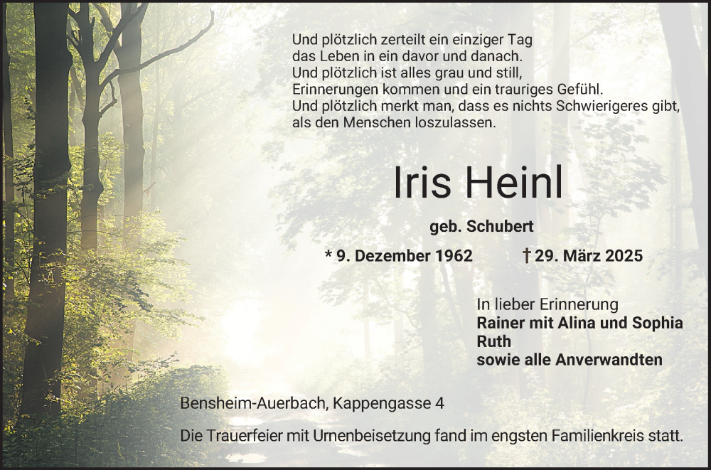  Traueranzeige für Iris Heinl vom 12.04.2025 aus Bergsträßer Anzeiger
