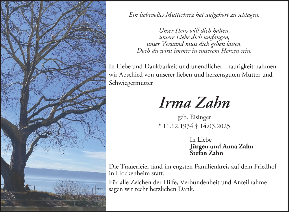 Traueranzeige für Irma Zahn vom 05.04.2025 aus Schwetzinger Zeitung