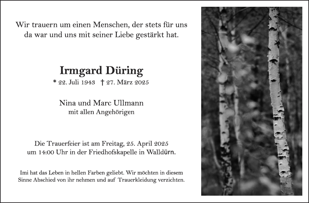  Traueranzeige für Irmgard Düring vom 16.04.2025 aus Fränkische Nachrichten
