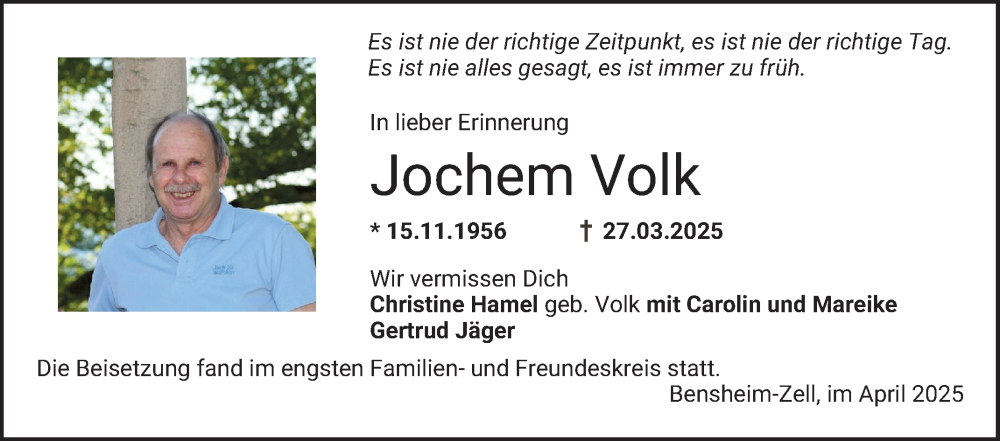  Traueranzeige für Jochem Volk vom 12.04.2025 aus Bergsträßer Anzeiger