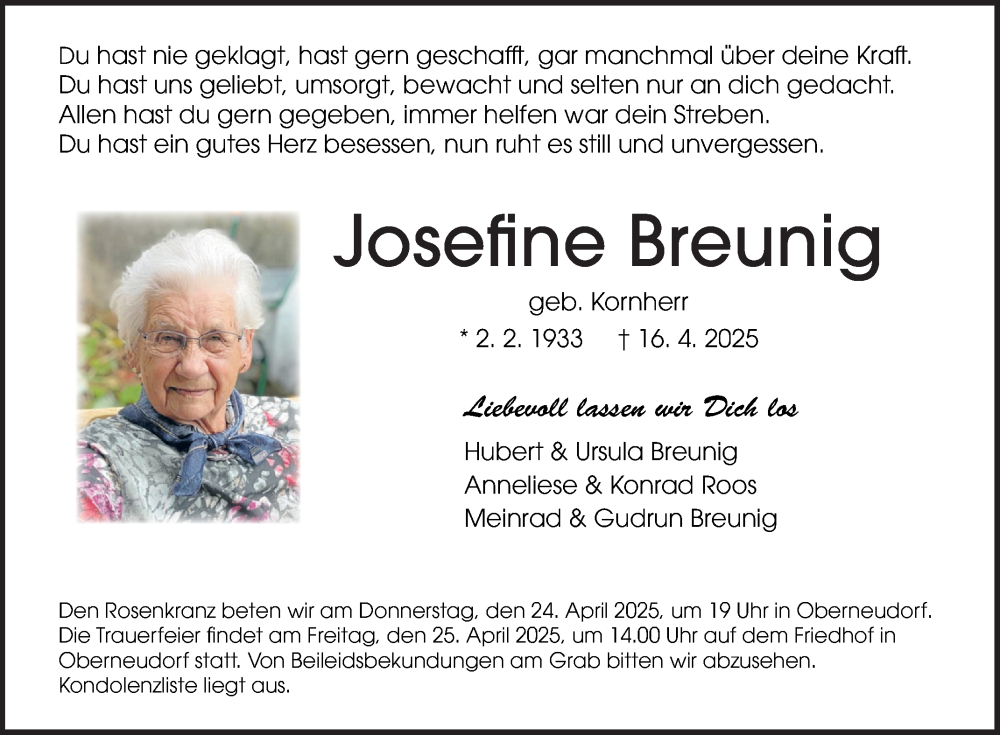  Traueranzeige für Josefine Breunig vom 23.04.2025 aus Fränkische Nachrichten