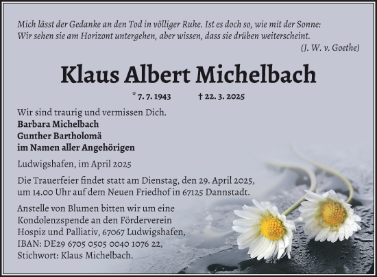 Traueranzeige von Klaus Albert Michelbach von Mannheimer Morgen