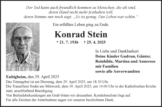 Traueranzeige von Konrad Stein von Fränkische Nachrichten