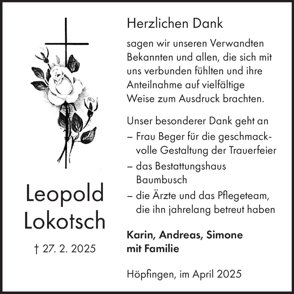  Traueranzeige für Leopold Lokotsch vom 26.04.2025 aus Fränkische Nachrichten