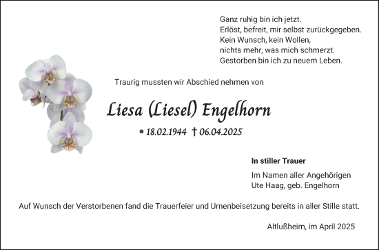 Traueranzeige von Liesa Engelhorn von Schwetzinger Zeitung