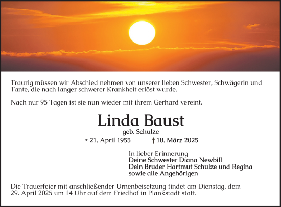 Traueranzeige von Linda Baust von Schwetzinger Zeitung