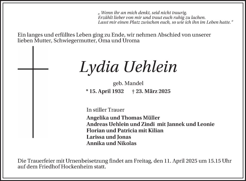  Traueranzeige für Lydia Uehlein vom 08.04.2025 aus Schwetzinger Zeitung