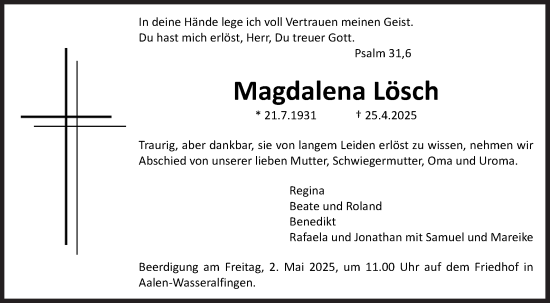 Traueranzeige von Magdalena Lösch von Mannheimer Morgen