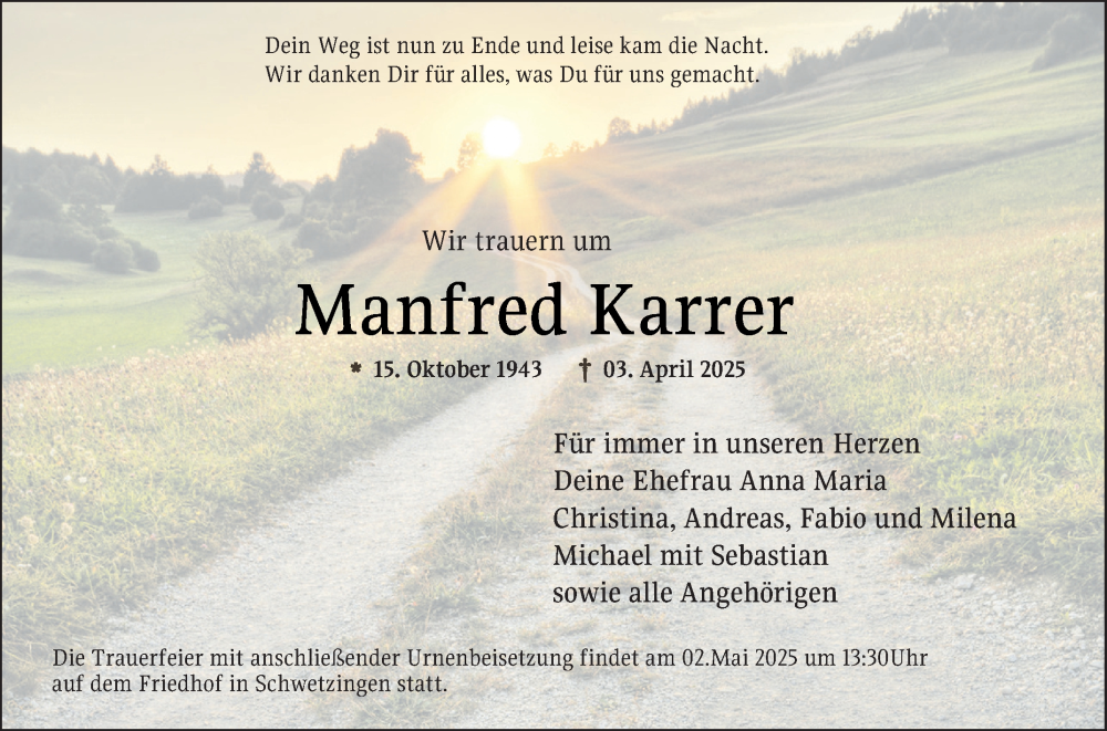  Traueranzeige für Manfred Karrer vom 29.04.2025 aus Schwetzinger Zeitung