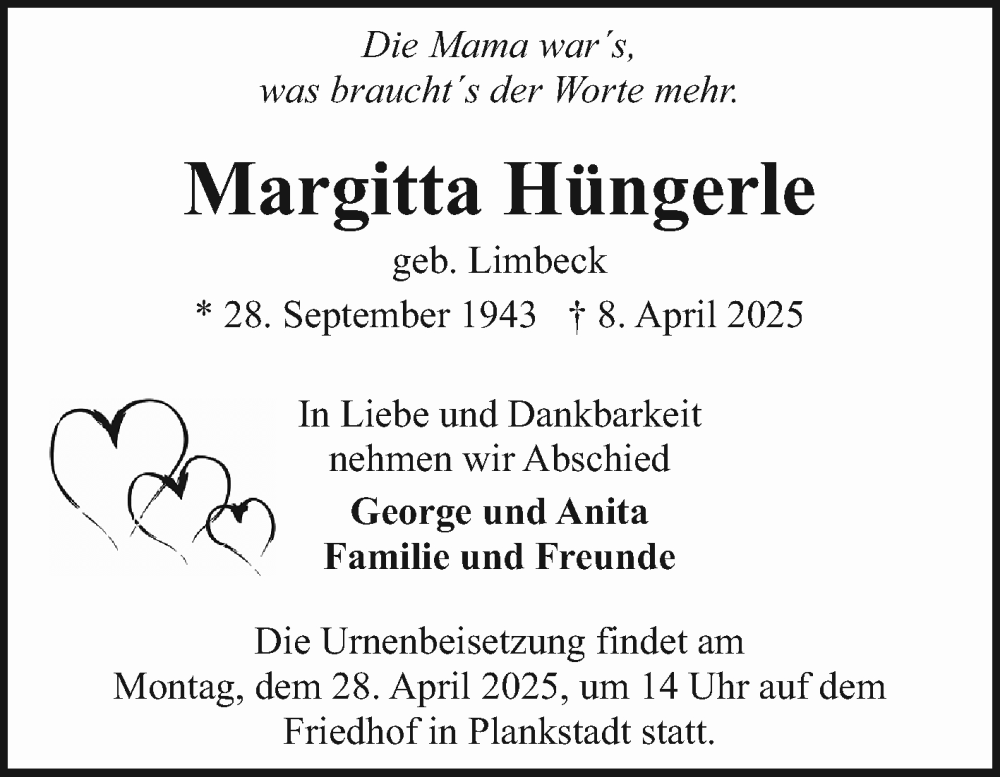  Traueranzeige für Margitta Hüngerle vom 23.04.2025 aus Schwetzinger Zeitung