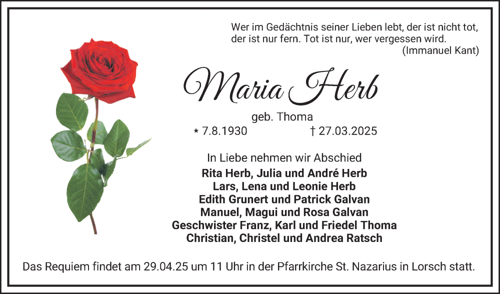  Traueranzeige für Maria Herb vom 12.04.2025 aus Bergsträßer Anzeiger