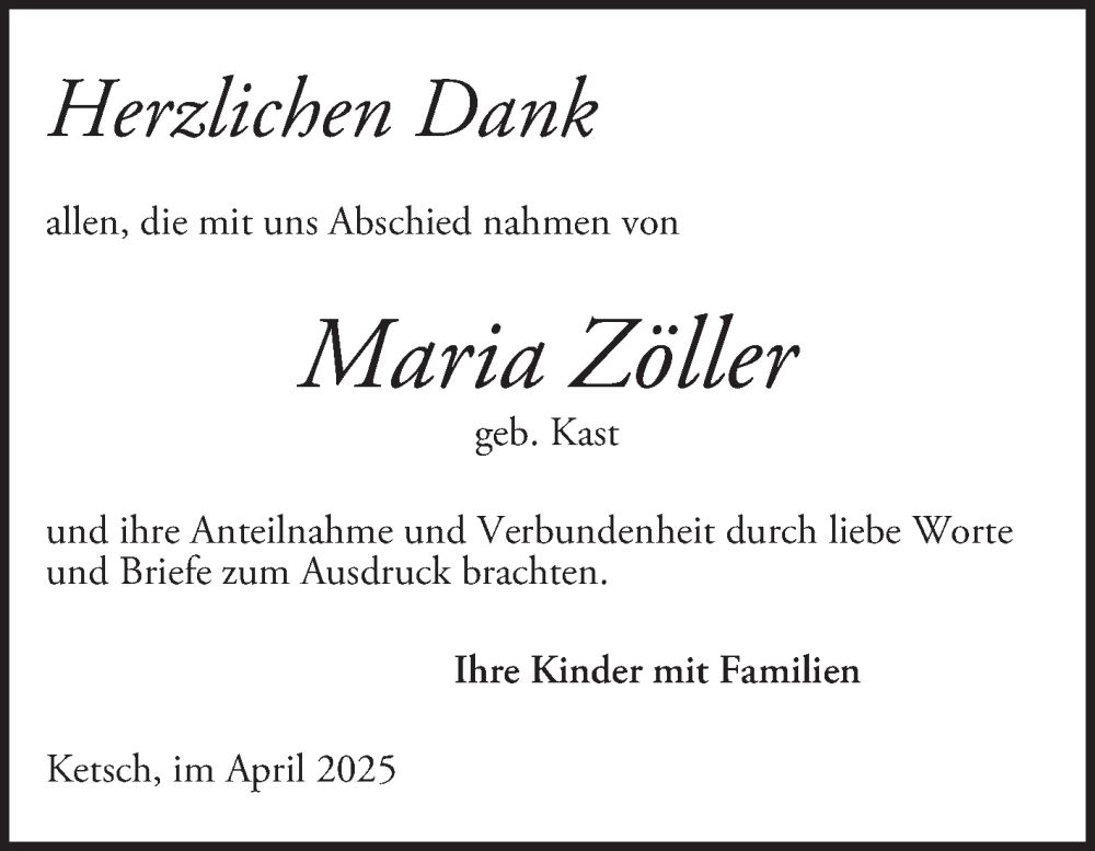 Traueranzeige für Maria Zöller vom 16.04.2025 aus Schwetzinger Zeitung
