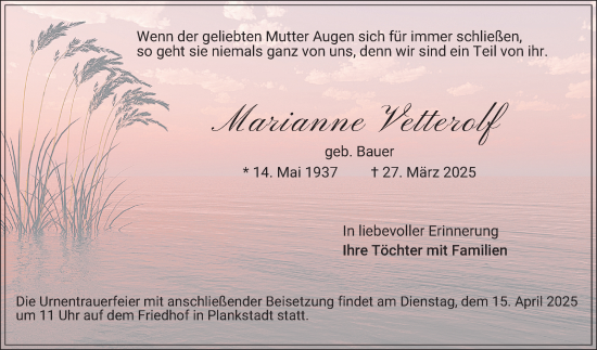 Traueranzeige von Marianne Vetterolf von Schwetzinger Zeitung