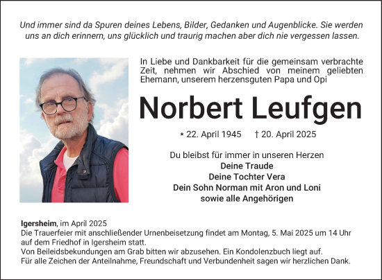 Traueranzeige von Norbert Leufgen von Fränkische Nachrichten