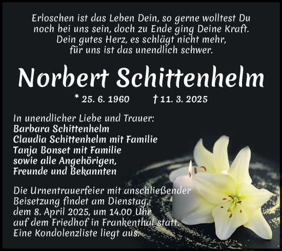Traueranzeige von Norbert Schittenhelm von Mannheimer Morgen