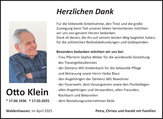 Traueranzeige von Otto Klein von Fränkische Nachrichten