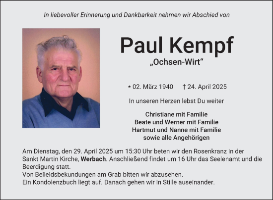 Traueranzeige von Paul Kempf von Fränkische Nachrichten