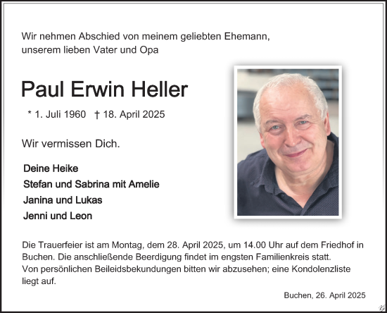 Traueranzeige von Paul Erwin Heller von Fränkische Nachrichten