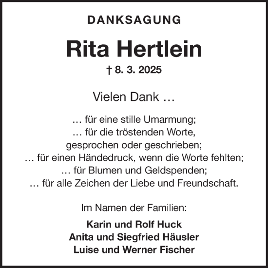 Traueranzeige von Rita Hertlein von Fränkische Nachrichten