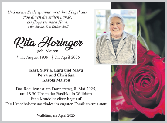 Traueranzeige von Rita Horinger von Fränkische Nachrichten