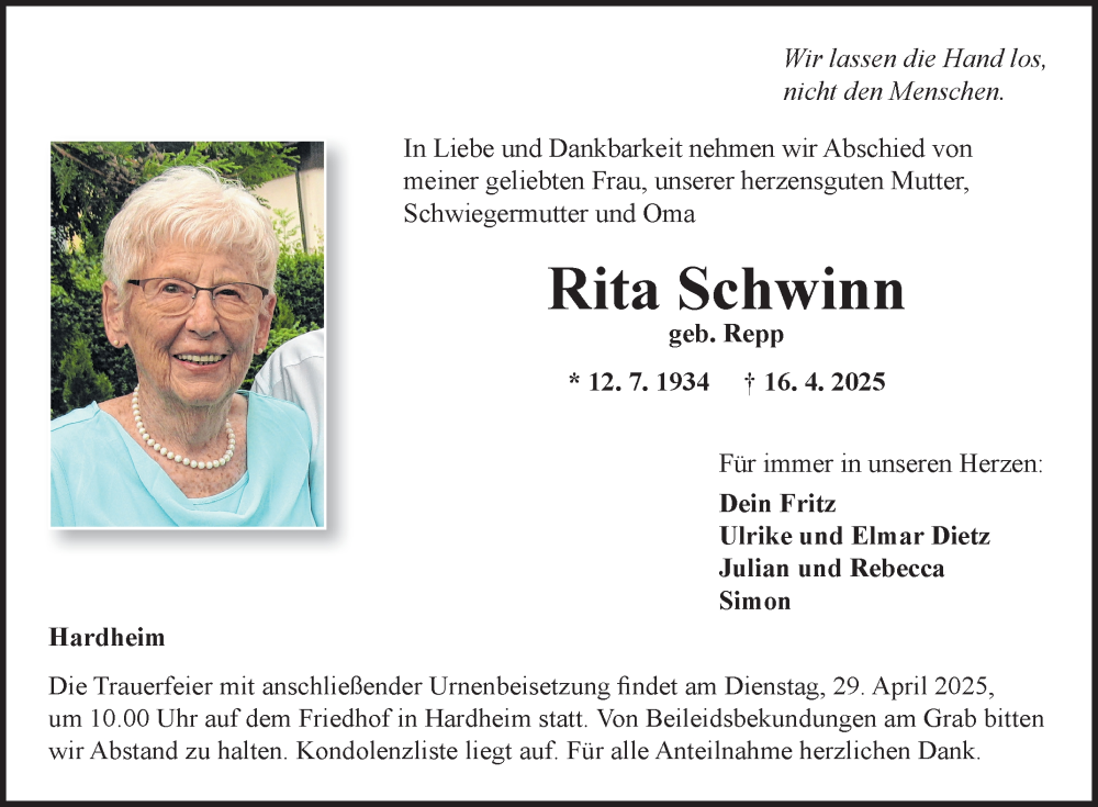  Traueranzeige für Rita Schwinn vom 23.04.2025 aus Fränkische Nachrichten