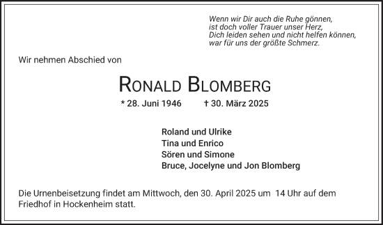 Traueranzeige von Ronald Blomberg von Schwetzinger Zeitung